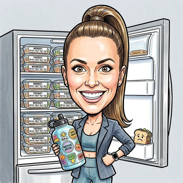 Caricature of Denise from Marketing in front of a fridge packed with labeled meal-prep containers, holding a giant water bottle