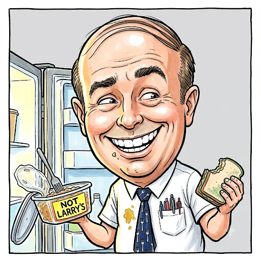 Caricature of Larry from Payroll leaning out of the fridge with a container labeled NOT LARRY'S and an old sandwich