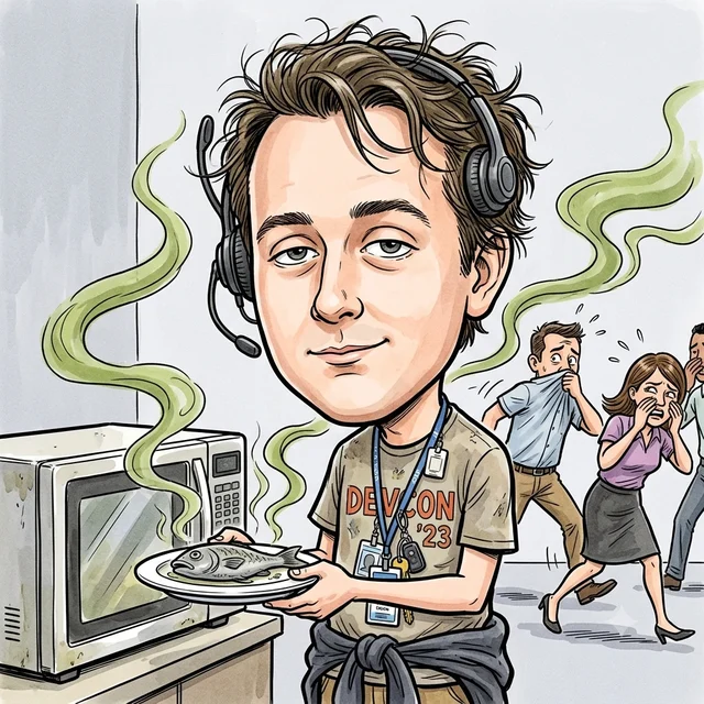 Caricature of Todd from IT holding a plate of microwaved fish while green stink lines drift and coworkers flee