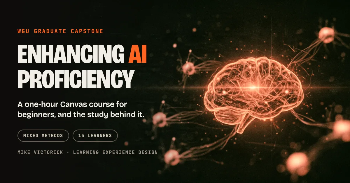 Title card reading Enhancing AI Proficiency, WGU graduate capstone, beside a glowing orange brain on a black background.