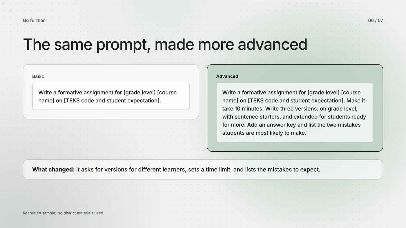 Slide comparing a basic prompt with a more advanced version of the same prompt.