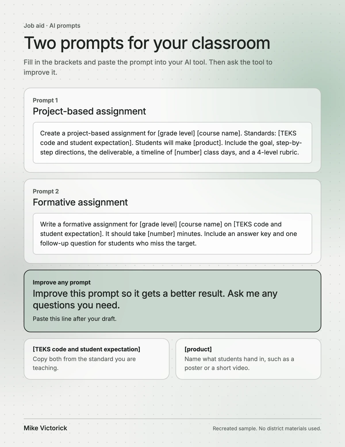 One-page takeaway with two fill-in-the-brackets prompt templates and a line that asks the AI to improve the prompt.