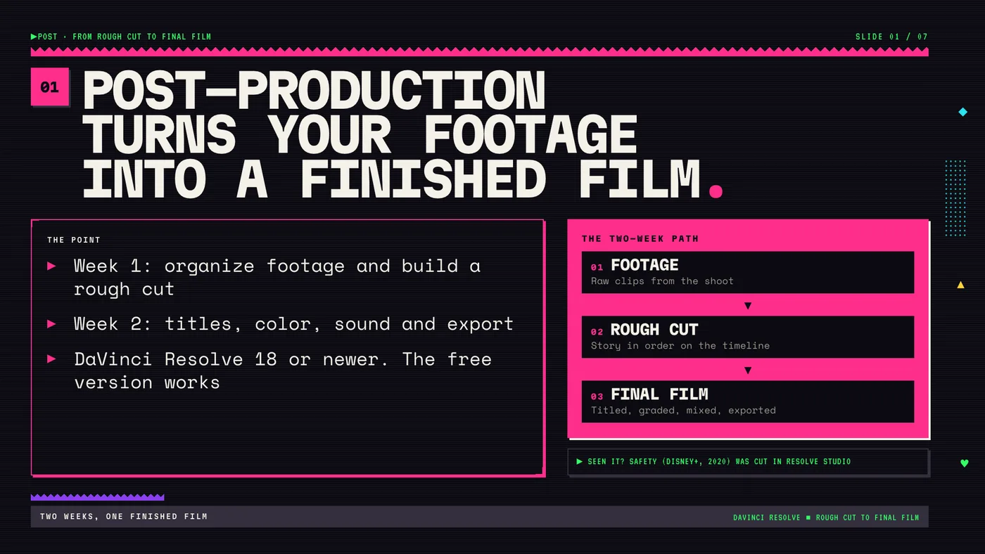 Slide 1 of the DaVinci Resolve deck: Post-production turns your footage into a finished film, with a three-step path from footage to rough cut to final film.