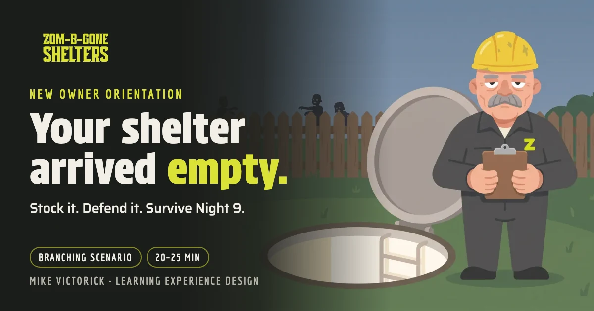 Zom-B-Gone Shelters title card reading "Your shelter arrived empty," with an unimpressed install tech in a hard hat beside an open, empty backyard shelter while zombies lean over the fence.